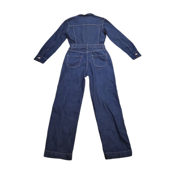 Zara Dark Washed Denim Jumpsuit Long Sleeve Blue Buttons Zip Women Size XS NEW - Picture 2 of 4